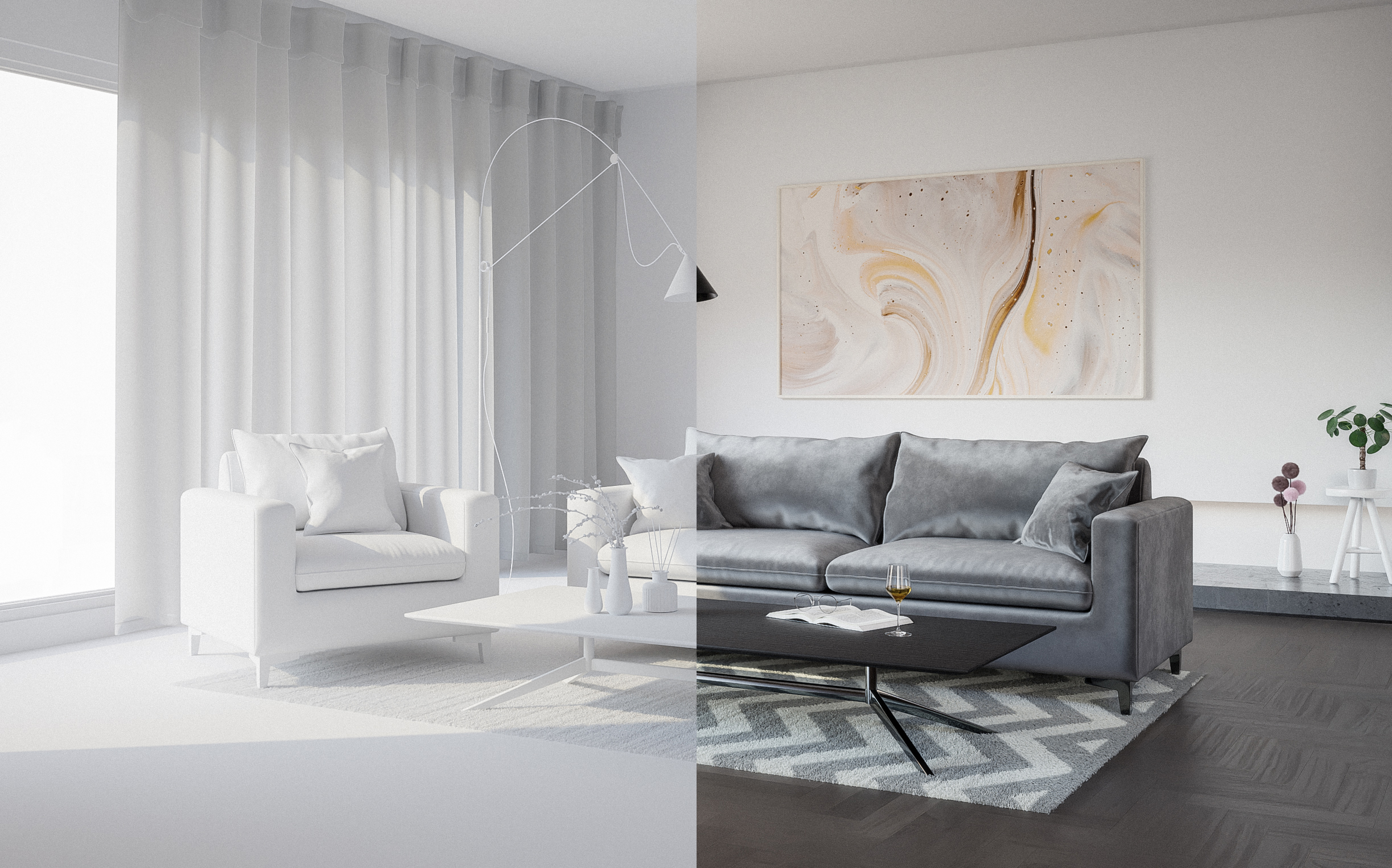 Interior 3D render before and after